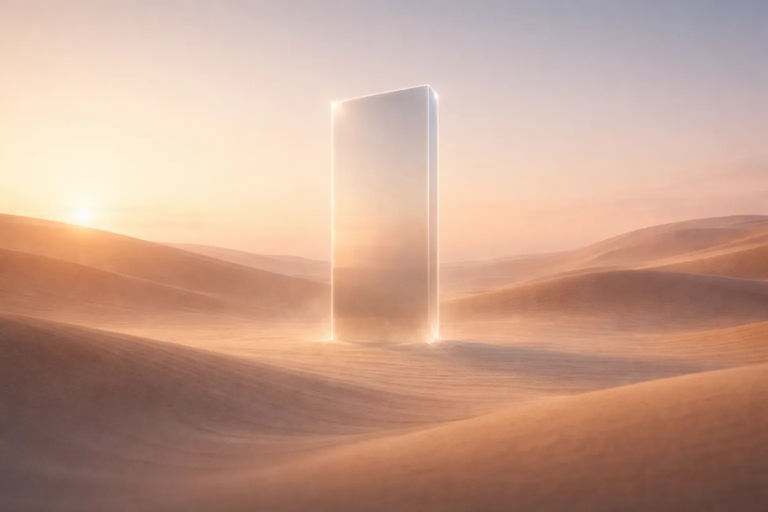 A mirrored monolith standing among sunlit desert dunes
