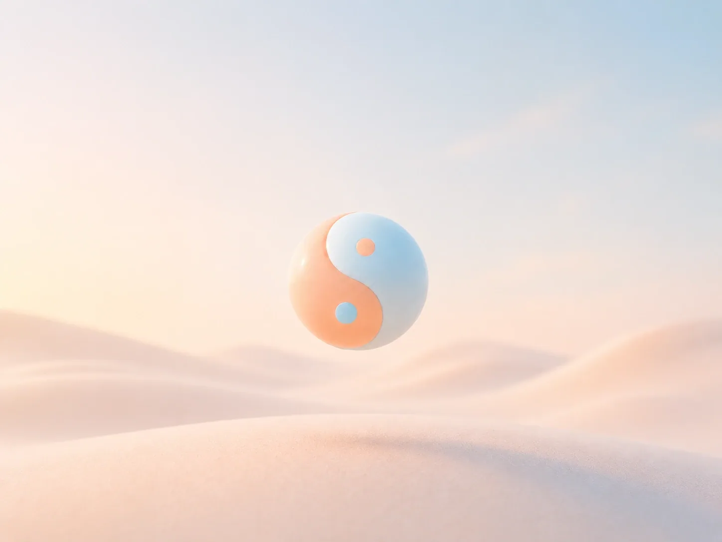 An orange and blue yin-yang form floating above pastel desert dunes